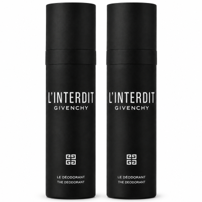 Three black cylindrical bottles of Givenchy L’Interdit Deodorant Spray for Men, 100ml each, are standing upright side by side against a white background.