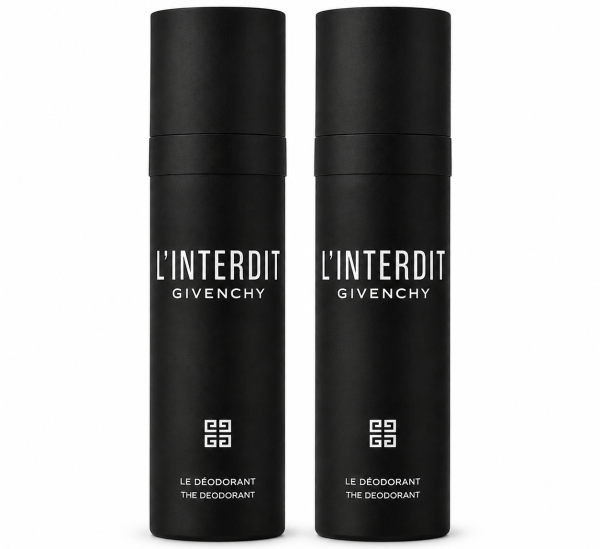 Three black cylindrical bottles of Givenchy L’Interdit Deodorant Spray for Men, 100ml each, are standing upright side by side against a white background.