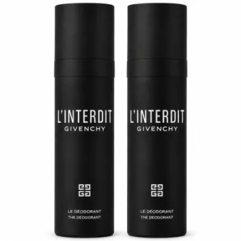 Three black cylindrical bottles of Givenchy L’Interdit Deodorant Spray for Men, 100ml each, are standing upright side by side against a white background.