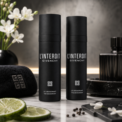 Three black Givenchy L’Interdit Deodorant Spray for Men (100ml each) bottles are arranged on a marble surface, accompanied by sliced lime, a black towel, white flowers, and perfume bottles in the background.
