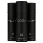 Three 150ml cans of Givenchy Gentleman Society Deodorant Spray for men are placed side by side against a white background.