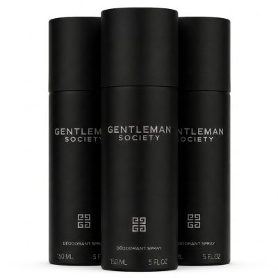Three 150ml cans of Givenchy Gentleman Society Deodorant Spray for men are placed side by side against a white background.