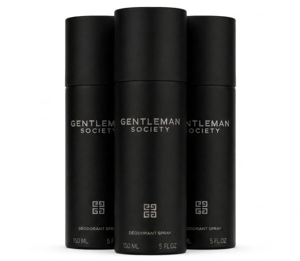 Three 150ml cans of Givenchy Gentleman Society Deodorant Spray for men are placed side by side against a white background. Three 150ml cans of Givenchy Gentleman Society Deodorant Spray for men are placed side by side against a white background.