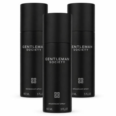 Three black cylindrical cans of 3x Givenchy Gentleman Society Deodorant Spray for men, each labeled 150 ml (5 fl. oz.), displayed against a white background.