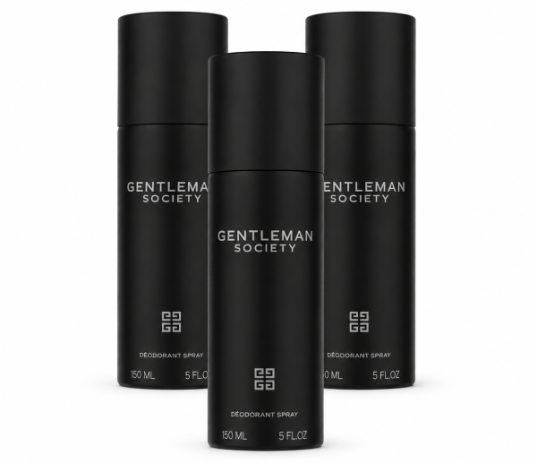 Three black cylindrical cans of 3x Givenchy Gentleman Society Deodorant Spray for men, each labeled 150 ml (5 fl. oz.), displayed against a white background.