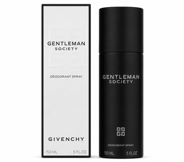 Three black Givenchy Gentleman Society Deodorant Spray cans for men, each 150 ml, are shown alongside their matching white box packaging.