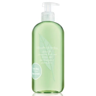 Three clear green bottles of Elizabeth Arden Green Tea Bath & Shower Gel for Her, 500ml each, with pump dispensers, are shown on a white background.