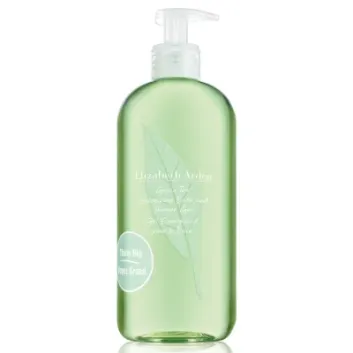 Three clear green bottles of Elizabeth Arden Green Tea Bath & Shower Gel for Her, 500ml each, with pump dispensers, are shown on a white background.