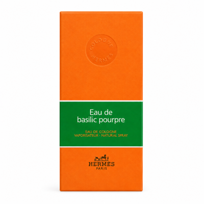 The Hermès Eau de Basilic Pourpre EDC Spray (Unisex, 100ml) comes in a rectangular orange box featuring a green label with the text “Eau de basilic pourpre” and “Hermès Paris” at the bottom. The Hermès logo is debossed at the top.