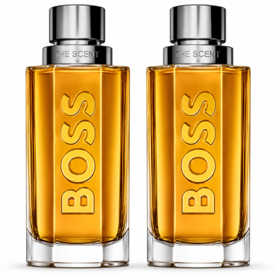 Two identical bottles of 2x Hugo Boss The Scent EDT for Men, 200ml each, filled with amber liquid and topped with silver caps, are placed side by side on a white background.