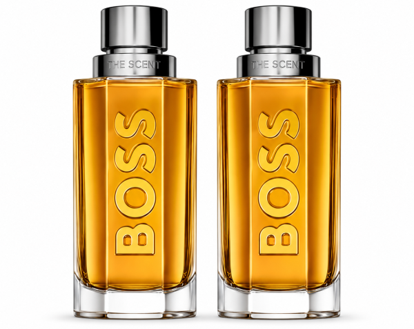 Two identical bottles of 2x Hugo Boss The Scent EDT for Men, 200ml each, filled with amber liquid and topped with silver caps, are placed side by side on a white background.