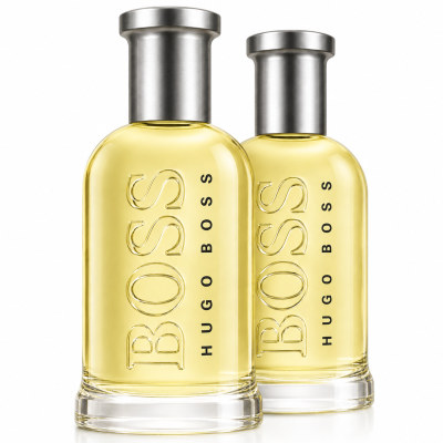 Two bottles of Hugo Boss Bottled Eau de Toilette for Men (100ml each) with silver caps and clear glass filled with light yellow liquid are placed side by side on a white background.