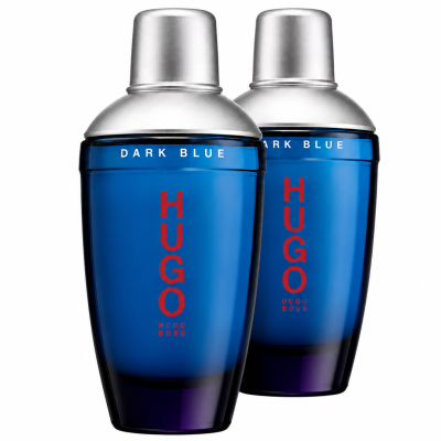 Two bottles of Hugo Boss Dark Blue Eau de Toilette for Men, 75ml sprays, stand side by side against a white background.