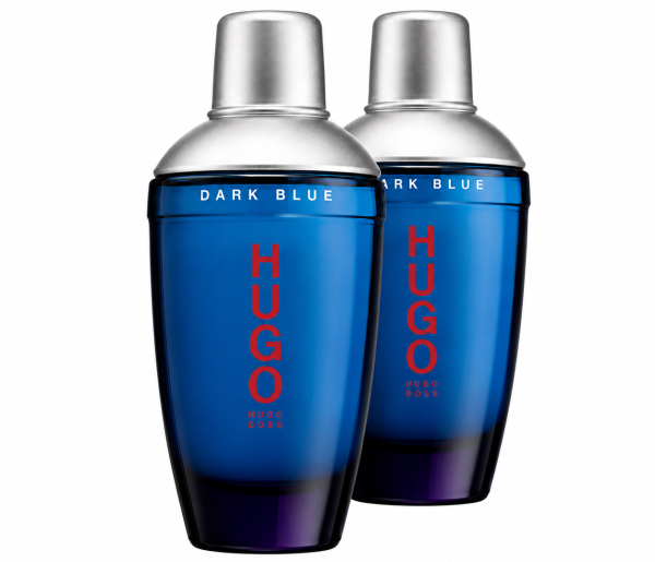 Two bottles of Hugo Boss Dark Blue Eau de Toilette for Men, 75ml sprays, stand side by side against a white background.