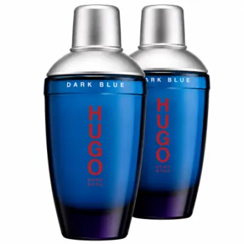 Two bottles of Hugo Boss Dark Blue Eau de Toilette for Men, 75ml sprays, stand side by side against a white background.