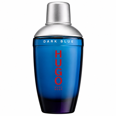 A set of two 75ml Hugo Boss Dark Blue Eau de Toilette sprays for men, each featuring a silver cap and blue gradient glass with bold red vertical text on the front.