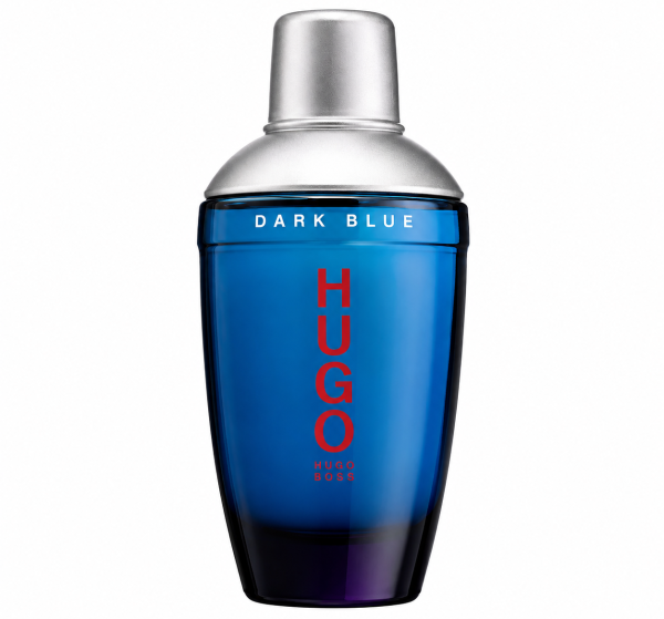 A set of two 75ml Hugo Boss Dark Blue Eau de Toilette sprays for men, each featuring a silver cap and blue gradient glass with bold red vertical text on the front.