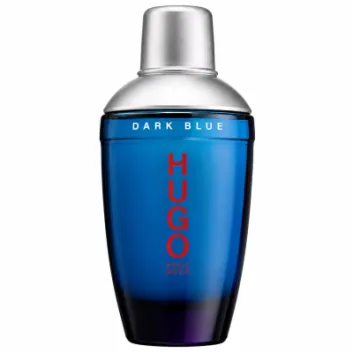 A set of two 75ml Hugo Boss Dark Blue Eau de Toilette sprays for men, each featuring a silver cap and blue gradient glass with bold red vertical text on the front.