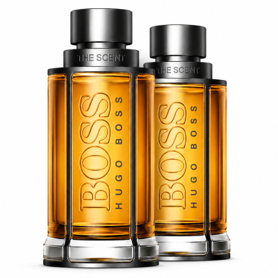 Two bottles of Hugo Boss The Scent Eau de Toilette for Men, 50ml each, stand side by side filled with amber liquid on a white background.