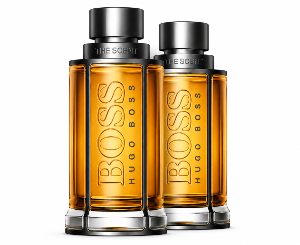 Two bottles of Hugo Boss The Scent Eau de Toilette for Men, 50ml each, stand side by side filled with amber liquid on a white background.