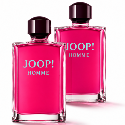 Two bottles of 2x Joop! Homme EDT for Men, 200ml Eau de Toilette Spray, featuring bright pink liquid and dark caps, are placed side by side against a white background.