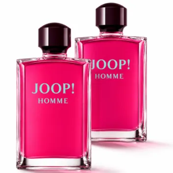 Two bottles of 2x Joop! Homme EDT for Men, 200ml Eau de Toilette Spray, featuring bright pink liquid and dark caps, are placed side by side against a white background.