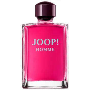 A clear glass bottle filled with bright pink liquid, labeled “2x Joop! Homme EDT for Men, 200ml, Eau de Toilette Spray” in light blue text, with a dark purple cap, on a white background.