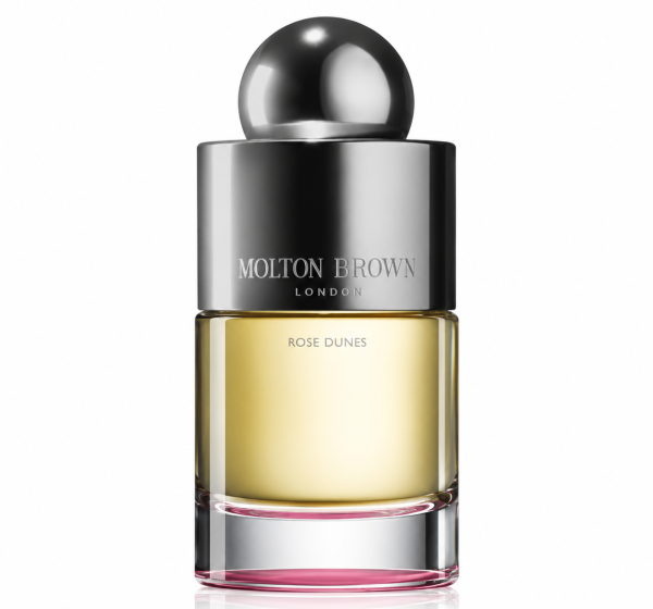 A 100ml bottle of Molton Brown Rose Dunes EDT Unisex, featuring a metallic silver cap and a clear glass body filled with yellow liquid.