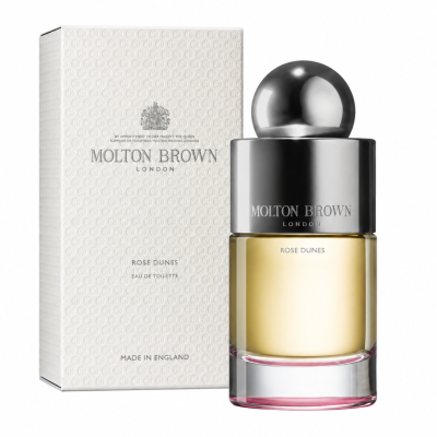 A Molton Brown Rose Dunes EDT 100ml, Unisex bottle and its white textured box, both labeled and set against a plain white background.