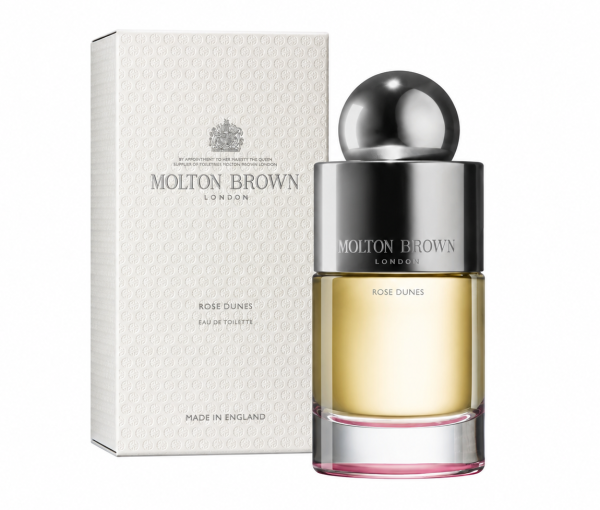 A Molton Brown Rose Dunes EDT 100ml, Unisex bottle and its white textured box, both labeled and set against a plain white background.