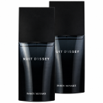 Two bottles of Issey Miyake Nuit d’Issey 75ml EDT Eau De Toilette Spray for Men, featuring dark gradient glass and black rectangular caps, are positioned side by side against a white background.