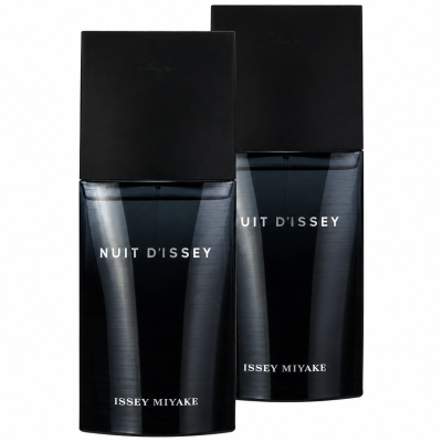 Two bottles of Issey Miyake Nuit d’Issey 75ml EDT Eau De Toilette Spray for Men, featuring dark gradient glass and black rectangular caps, are positioned side by side against a white background.