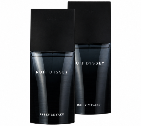 Two bottles of Issey Miyake Nuit d’Issey 75ml EDT Eau De Toilette Spray for Men, featuring dark gradient glass and black rectangular caps, are positioned side by side against a white background.