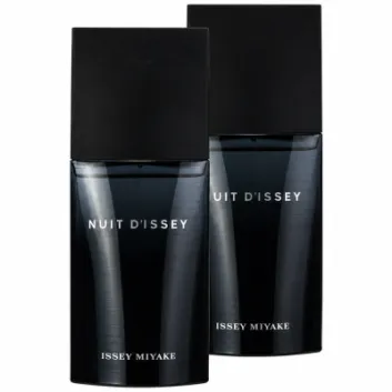 Two bottles of Issey Miyake Nuit d’Issey 75ml EDT Eau De Toilette Spray for Men, featuring dark gradient glass and black rectangular caps, are positioned side by side against a white background.