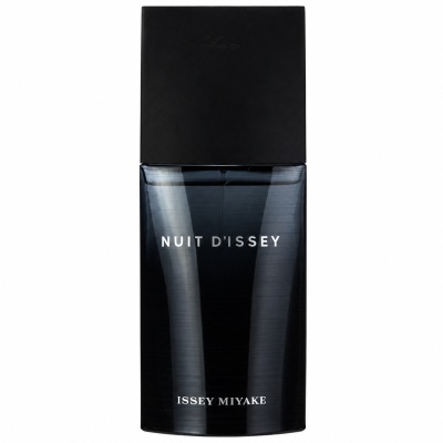 A set of two black rectangular bottles of Issey Miyake Nuit d’Issey 75ml EDT Eau De Toilette Spray for Men, each featuring white text and a matte black cap, displayed against a white background.