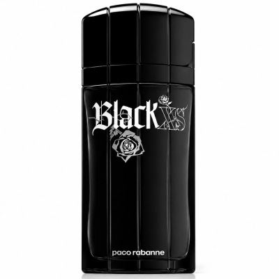 A set of two Paco Rabanne Black XS EDT Spray bottles for men (100ml each), featuring a black design with white rose graphics and logo on the front, photographed against a plain white background.