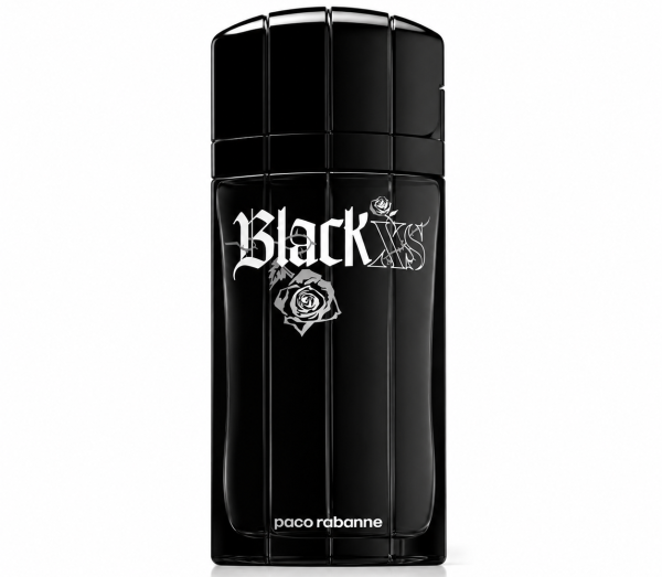 A set of two Paco Rabanne Black XS EDT Spray bottles for men (100ml each), featuring a black design with white rose graphics and logo on the front, photographed against a plain white background.