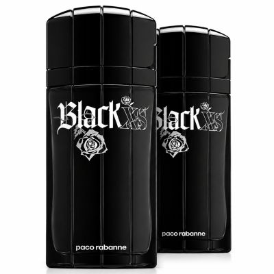 Two bottles of Paco Rabanne Black XS Eau de Toilette Spray for Men (100ml each), shown side by side on a white background.