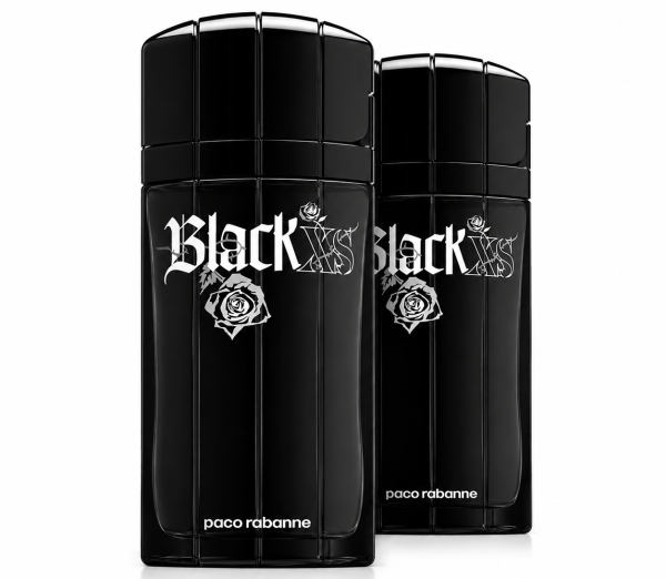 Two bottles of Paco Rabanne Black XS Eau de Toilette Spray for Men (100ml each), shown side by side on a white background.