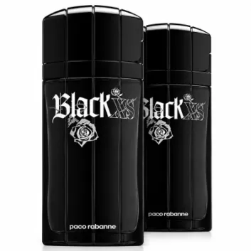 Two bottles of Paco Rabanne Black XS Eau de Toilette Spray for Men (100ml each), shown side by side on a white background.