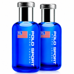 Two bottles of Ralph Lauren Polo Sport 75ml EDT Spray for Men, each featuring a blue design with silver caps and the American flag logo, are standing side by side on a white background.