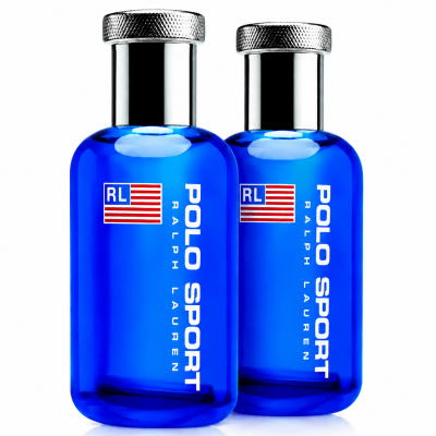 Two bottles of Ralph Lauren Polo Sport 75ml EDT Spray for Men, each featuring a blue design with silver caps and the American flag logo, are standing side by side on a white background.