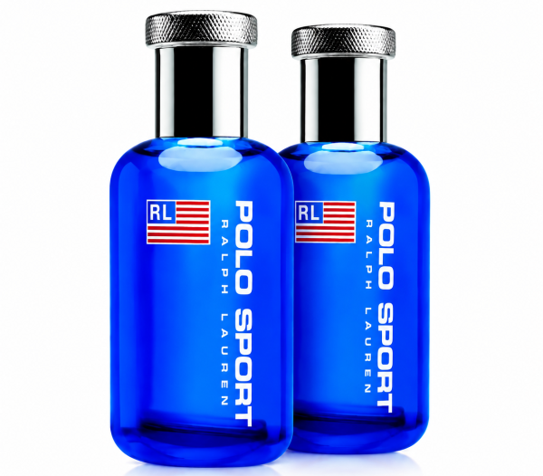 Two bottles of Ralph Lauren Polo Sport 75ml EDT Spray for Men, each featuring a blue design with silver caps and the American flag logo, are standing side by side on a white background.