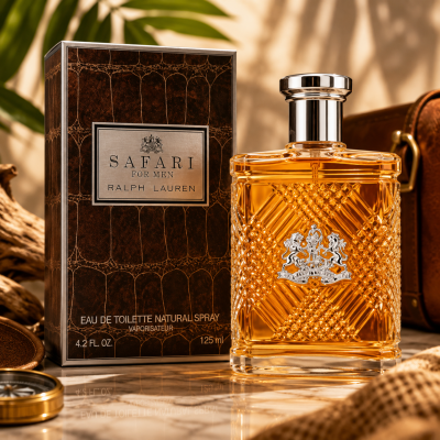 A bottle of Ralph Lauren Safari Eau de Toilette Spray for Men, 125ml stands beside its box, both showcasing sophisticated brown and silver accents, displayed on a wooden surface alongside travel-inspired accessories.