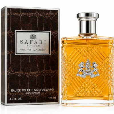 Ralph Lauren Safari Eau de Toilette Spray for Men, 125ml: a bottle filled with amber-hued fragrance stands beside its textured brown box, both featuring the product name and brand.