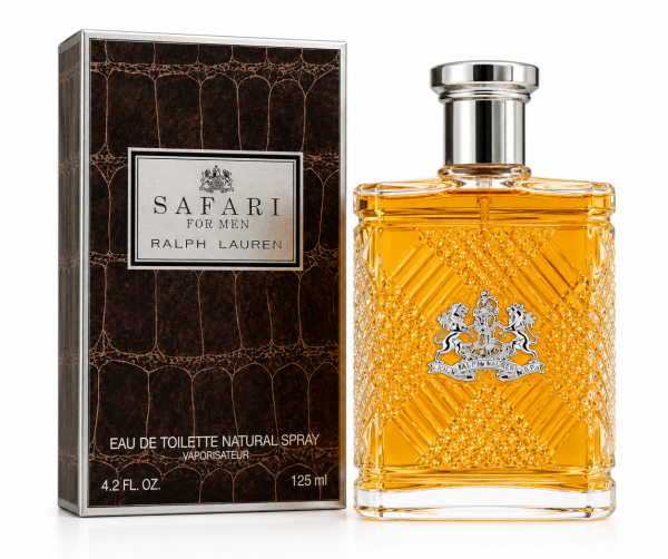 Ralph Lauren Safari Eau de Toilette Spray for Men, 125ml: a bottle filled with amber-hued fragrance stands beside its textured brown box, both featuring the product name and brand.