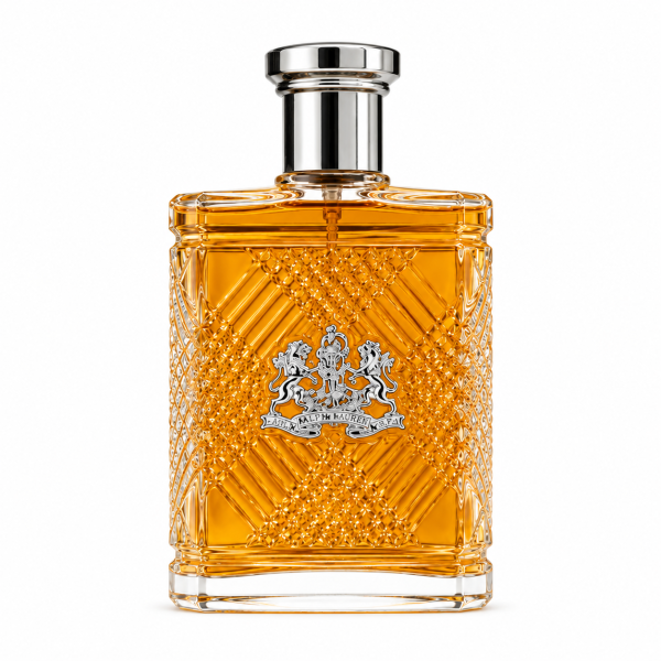 Ralph Lauren Safari Eau de Toilette Spray for Men, 125ml, comes in a clear glass bottle with a silver cap, filled with amber liquid, featuring an ornate textured design and a metallic crest on the front.