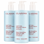 Three bottles of 3x Clarins Body Smoothing Moisture Milk With Aloe Vera 400ml are standing side by side against a white background.