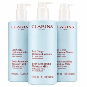 Three bottles of 3x Clarins Body Smoothing Moisture Milk With Aloe Vera 400ml are standing side by side against a white background.