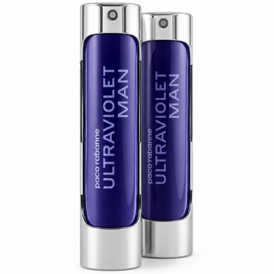 Two bottles of Paco Rabanne Ultraviolet Man EDT 100ml Spray, with blue glass and silver metallic caps, are standing upright on a white background.